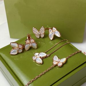 Designer Jewelery Van necklace Earring Rings Bracelet Set Gold Rose Gold Butterfly Pendant with Diamond Luxury Brand Classic for Womens with box