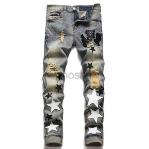 Herren Jeans USA Style Mans Fünf-Punkte-Stern zerrissene Patches Trendy Elastic Slim Leggings Vielseitige Hosen Jeans Loch Buchstabe Top-Qualität D240417