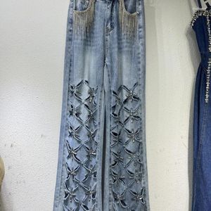 Women's Jeans Drilling Tassels Holes Straight Denim Pants High Waist Hollow Diamonds Beaded Fringed Ripped Trousers Pantalones 2024