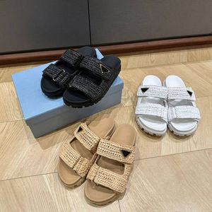 Top quality Vacation Flat platform slide slippers braided raffia comfort sandals with signature triangle open toes shoes luxury designer slippers womens factory