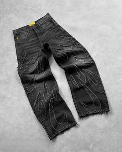 Jeans masculinos 2024 Retro Retro Hip-Hop Black Pants bordadas Baggy High-Gaisted Y2K Harajuku Gótico Gótico Larra larga de perna larga