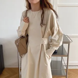 Casual Dresses Women's Solid Japanese Style Long Sleeve Round Neck Dress Elegant Fashion Shirt Maxi 2024 Autumn