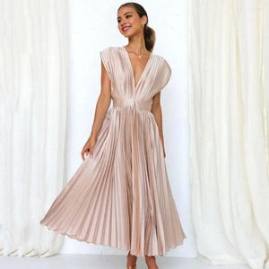 Vestidos casuais vestido de decote em V feminino, vestido plissado de fechamento de zíper solto e elegante para férias de viagem para férias de viagem