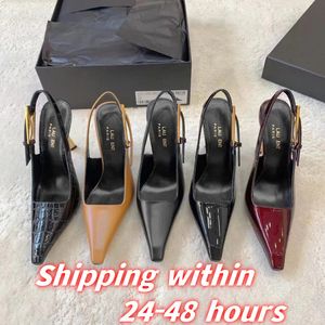 Lady prom klänning kvinnor klackar svart patent läder spetsiga tå slingback pumpar stilett klackar sandaler 7-9 cm kvinnors designer klänning spänne sexig kväll festskor