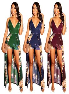 Frauen Blumendruck Strampler Kleider Sommer sexy Spaghetti -Gurt gegen Hals Rückenless ärmellose Strand Maxi Split Kleid grünblau Burgund5840021