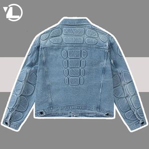 Retro Convex Turtle Shell Denim Jacket Men Hip Hop Ripped Hole Loose Harajuku Bomber Coats Cropped Street Autumn Jeans Outwear 240417