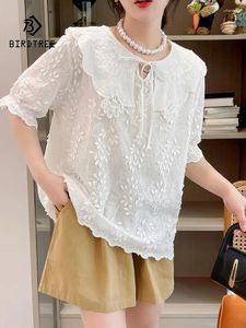 Bluzki damskie Spring Bawełniana koszula haftowa Kobiety Lapel krótki rękaw łagodne topy Dziewczyna francuska moda