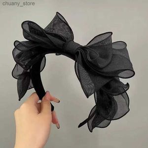 Stirnbänder Mode Korea Retro Schwarzes Mesh Big Bow Stirnband Haarzubehör Frauen Originalität Ruffenkante Stylist Zubehör Haar Hoop Y240417