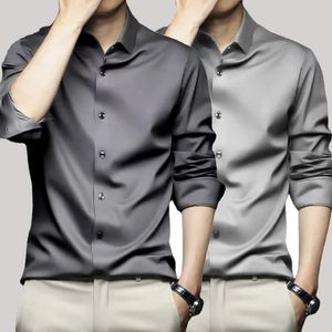 Mens gray shirt long sleeved non ironing business dress work slim fitting casual top large S6XL 240409