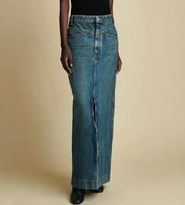 Khait * Salia de cintura alta de estilo parece mais fina e preguiçosa, com uma saia jeans de fenda frontal