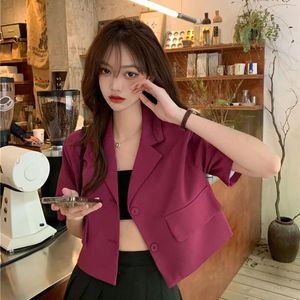 Korean Style Cropped Blazers Women Summer Thin Short Sleeves Suit Jacket Woman Solid Color SingleBreasted Outwear Coats 240417
