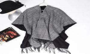 Halsdukar Fashion Plaid Women Winter Warm Poncho Wrap Sticked Cashmere Capes Shawl Cardigans Cloak Elegant Double Side Scarf Outerwe9828929