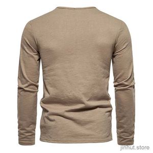 Mäns t-shirts Spring Mens Henley Collar Long Sleeved T-shirts Men Casual Solid Color Top Tees Single Breasted T Shirt Vintage Soft Bottoming