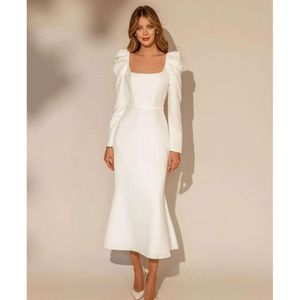 Wedding Length Mermaid Dresses Tea Elegant Long Sleeves Simple White Satin Bridal Reception Gowns Square Neck Vintage Robe De Mariage 2023