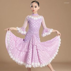 Stage Wear 2024 Waltz Ballroom Dance Competition Cloths Girls Girls Purple Latin Dress Kids Samba Rumba Modern Dancing Vestres XS7904