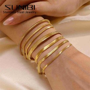 Bangle Sunibi Classic Edelstahl Schlangenkette Armband für Frauen Gold Farbbreite 2/3/4/5mm Kettenarmband Frauen Schmuck Großhändler240417