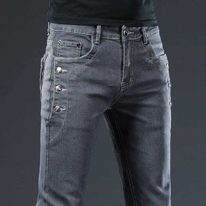 VH18 Men's Jeans Fashion Brand Button Pocket Men Stretch Casual Slim Skinny Cotton Light Blue Dark Gray Designer Male Denim Pants d240417