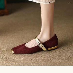 Kleiderschuhe 2024 Elegante Frühlingsfrau Square Toe Lolita Kawaii Lady Barfuß Boot Gold Flats Weiche Ballerina Party Mary Jane