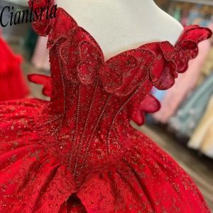 حمراء بريق كريستال متكافئ ثياب Quinceanera ثوب الكرة قبالة الكتف 3D الفراشة القوس مشد