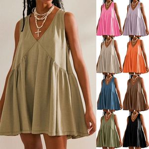 Повседневные платья Женщины платье v шея без рукавов Сплошная линия средняя длина свободные Y2K Boho Vest Pockets vestidos Ladies 2024
