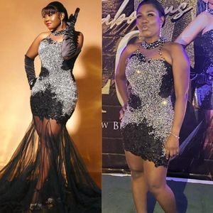 2024 Plus Size Black Prom Kleider mit abnehmbarem Zug Abend formelle Kleider für schwarze Frauen hoher Nacken Illusion Strass Dekorierte Geburtstagsfeier Am721