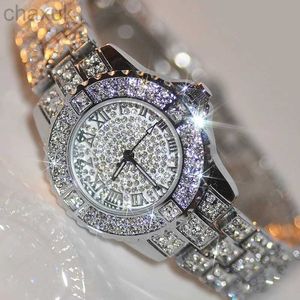 Zegarstka kobiety luksus lśniące diamentowe zegarki pełne stalowe zegarki regulowane kryształowy kwarc Bling dla zwykłego zegara D240417