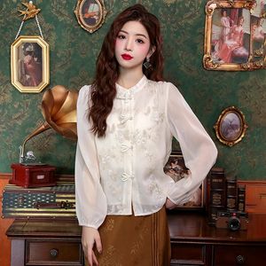 Spring Womens Long Sleeved Round Neck French Bubble Sleeve Solid Color Chinese Style Embroidered Chiffon Tops Blouse Blusas B47 240412
