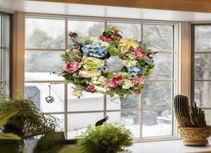 15 Inch Artificial Garlands Front Door Wreaths Artificial Rainbow Hydrangea Hanging Wreath For Home Indoor Outdoor Window Wall Q086543048