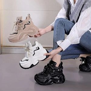 Lässige Schuhe Krasovki 9cm echtes Leder vulkanisieren Spring Chunky Sneakers Contoured Mode High Heels Herbst Frauenplattform