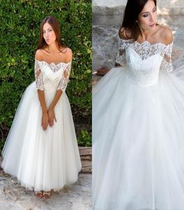 2019 Sexig Bateau Lace Country Aline Wedding Dresses Half Long Sleeves Applices Illusion Ankellängd Brudklänningar Vestidos5166061