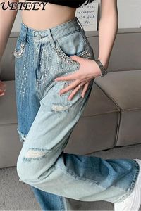 Women's Jeans Street Heavy Contrast Color Rhinestone Ripped Denim Pants Women High-Grade Loose Beaded Straight Baggy High Waisted