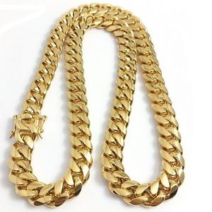 18K Gold Plated Stainess Steel 10mm 12mm 14mm Polished Miami Cuban Link Halsband Men Punk Curb Chain Double Safety Clasp 18inch-30266M