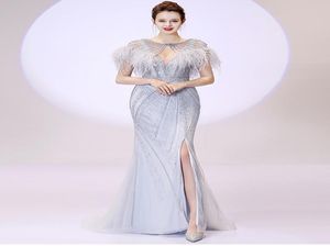 Lyrasue sereia mira prateada jóia de penas de luxo de luxo com miçangas de miçanga de back -like de costas elegantes vestidos de baile de formatura 5834389