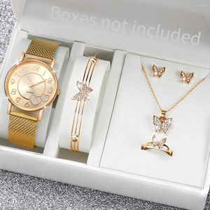 Armbanduhr 5pcs/Set Women Watches Diamond Schmetterling Schmuck Set Mode Gold Plastikband Quarz Uhr