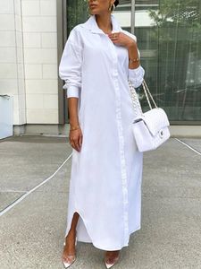 Casual Dresses LW Plain White Button Dropped Shoulder Curved Hem Dress Long Sleeve Shirt Collar Cardigan Tatting Autumn Maxi Coat