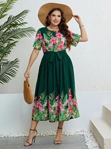 Plus-Size-Kleider Womne Kleider Crew Hals Blumendruck Patchwork Weibliche Robe A-Line-Farbblock Kurzärmele Lady Taillengürtel Sommerkleid