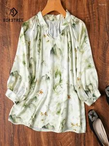 Women's T Shirts BirdTree Real Silk Elegant T-Shirt Women Lantern Sleeve V Neck Printed Gentle Literature OL Tops 2024 Spring T441103QC