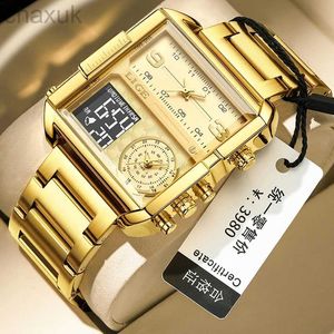 Wristwatches LIGE Luxury Original Men Sports Wrist Watch Gold Quartz Steel Waterproof Dual Display Clock Watches Relogio Masculino For d240417