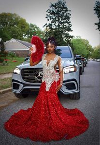 Red Sparkly Long Mermaid Prom ocasione Vestidos de festa para menina negra Luxury Diamond Velvet Night Birthday Gala Dress 2024