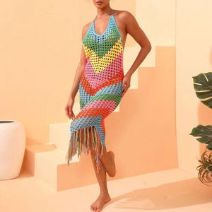 Kvinnors virkning Rainbow Tassel Beach Dress Sexig V Neck Backless Suspender Swimsuit Cover Up kjol för kvinnors baddräkt