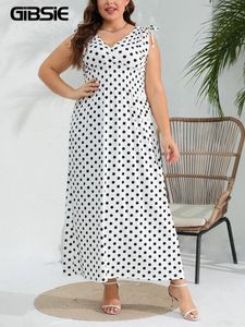 Plus storlek klänningar gibsie polka dot v nack ärmlös klänning för kvinnor 2024 sommar knut axel semester casual elastic a-line maxi