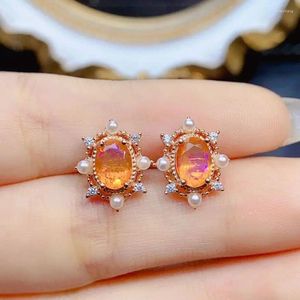 Studörhängen 925 Sterling Silver Natural Orange Fire Opal med Pearl For Women Wedding Luxury Jewelry Gift