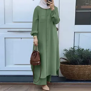 エスニック服のファッション2ピースイスラム教徒の女性スーツエレガントな気質固体長袖シャツとワイドレッグパンツロングローブ2ピースセット