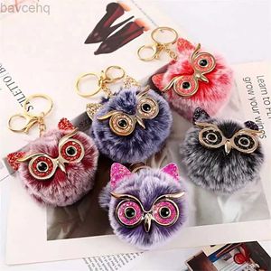 Keychains Lanyards Cute Fluffy Pompom Owl Keychain Big Eyes Sequins Keyring Charms Bag Pendant Car Trinket Best Gift Key Ring Accessories d240417