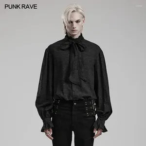 Men's Dress Shirts PUNK RAVE Gothic Ruffled Small Standing Collar Jacquard Shirt Party Club Detachable Bow Tie Black Tops Men Clothing