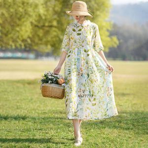 Basic Casual Dresses New Chinese Style Cotton and Linen Womens Clothing 2024 Spring and Summer New Floral Dress Womens Lapel Slimming Womens Ramie Long Skirt