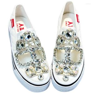 Casual Shoes Original Design Luxury Rhinestones Women Wedding Sneakers Bling Crystals Hollow Out White Canvas Flat Tennis