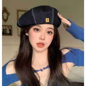 NJDK Berets Korean Women Denim Berets Fashion Retro Octagonal Hat Elegant Lady Artist Painter Cap Y2K Kpop Egirl Newsboy Beanies Girl Bonnet d240418