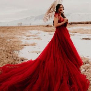Party Dresses Unforgettable Long Shoulder Straps Red Tulle Robes For Poshoot Or Formal Event A-Line Evening Christmas Gowns