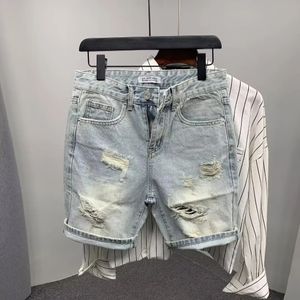 Summer Mens Scratched Broken Denim Shorts Men Fashion Brand Beard Splice Stretch Ripped Short Jeans Pants 240417